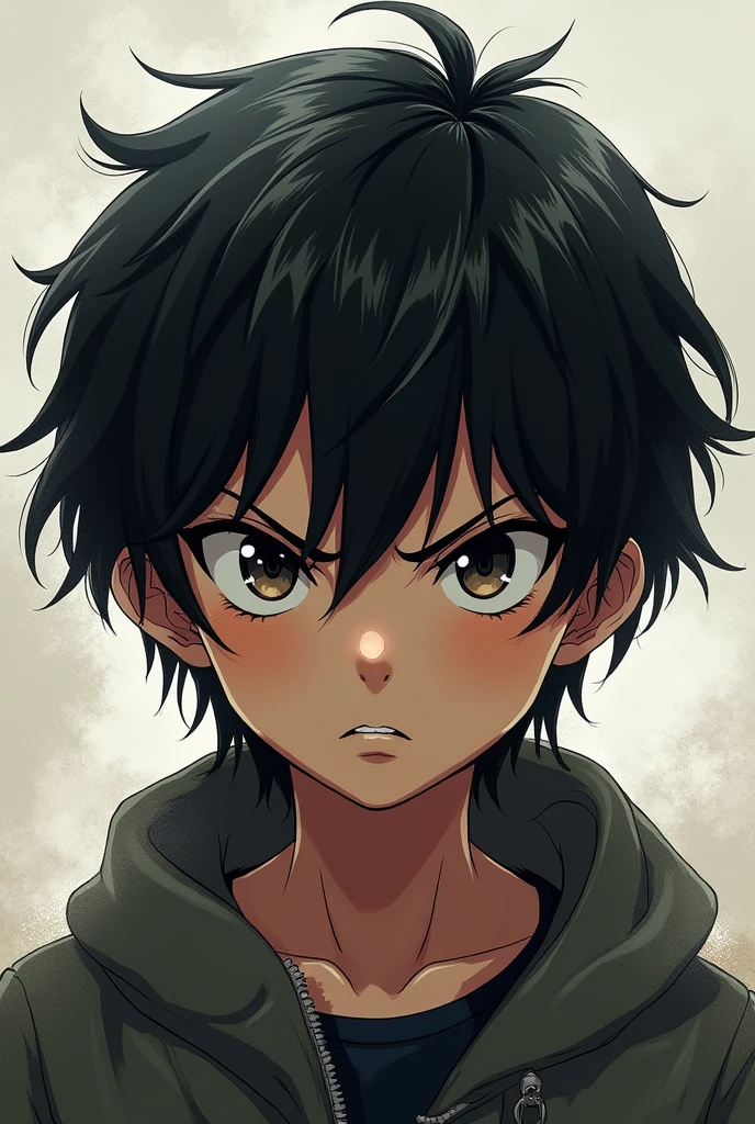  boy with wavy hair and pretty eyes with an angry anime style look