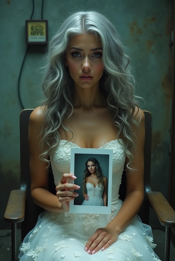 A beautiful youthful looking her hair graying but still very sexy gray haired Hispanic version of Ariana Grande wearing a wedding dress now a prisoner of a evil scientist the male evil scientist her hair graying her long hair now graying she has a curly hair hairstyles hairstyle and she is aging because the male evil scientist standing next to her is given her a injection that is aging her up she looks like she is in pain and she screaming in pain and she is in a lab tied up to a chair she is holding a photo of a younger version of herself wearing the same wedding dress