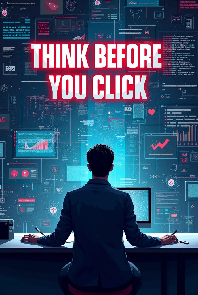 create a poster slogan with a word of “ THINK BEFORE YOU CLICK” background is media background, and a not real person