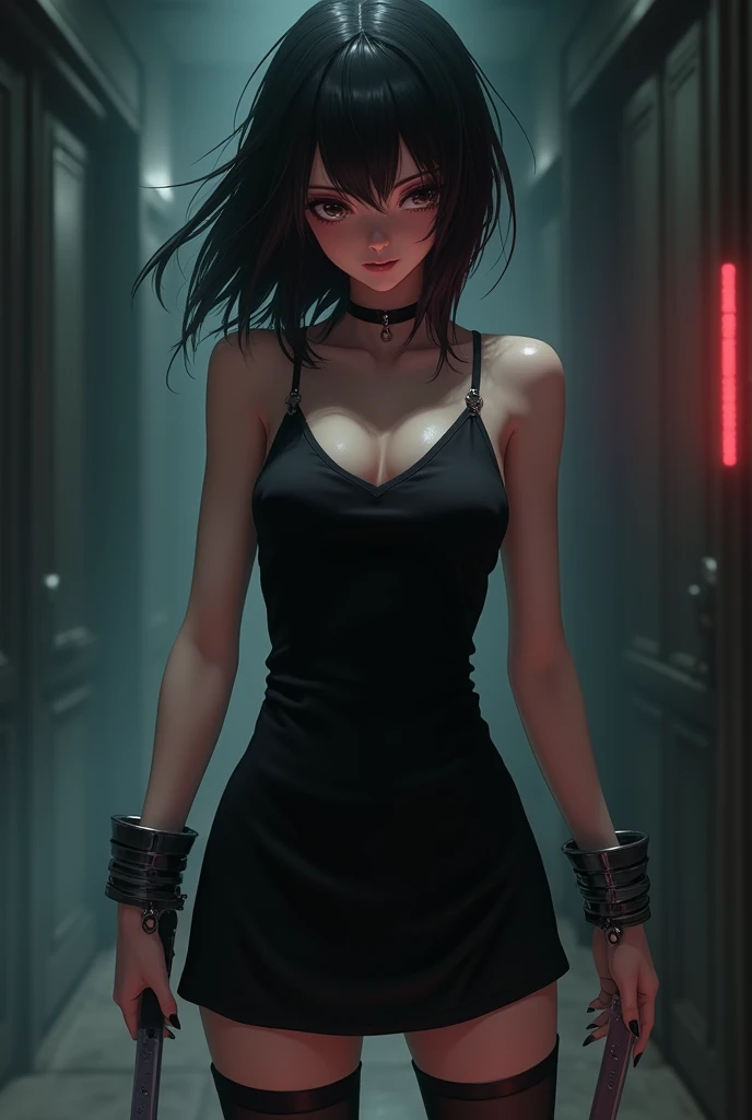 girl in black dress and stockings, holding a knife, Female protagonist 👀 :8, [ 4k digital art ]!!, Thick, пиксив 3dcg, Girl in a black dress, yandere, seductive girl, handcuffed, gapmoe yandere, of the girls on the front line, black, digital art from danganronpa, full length