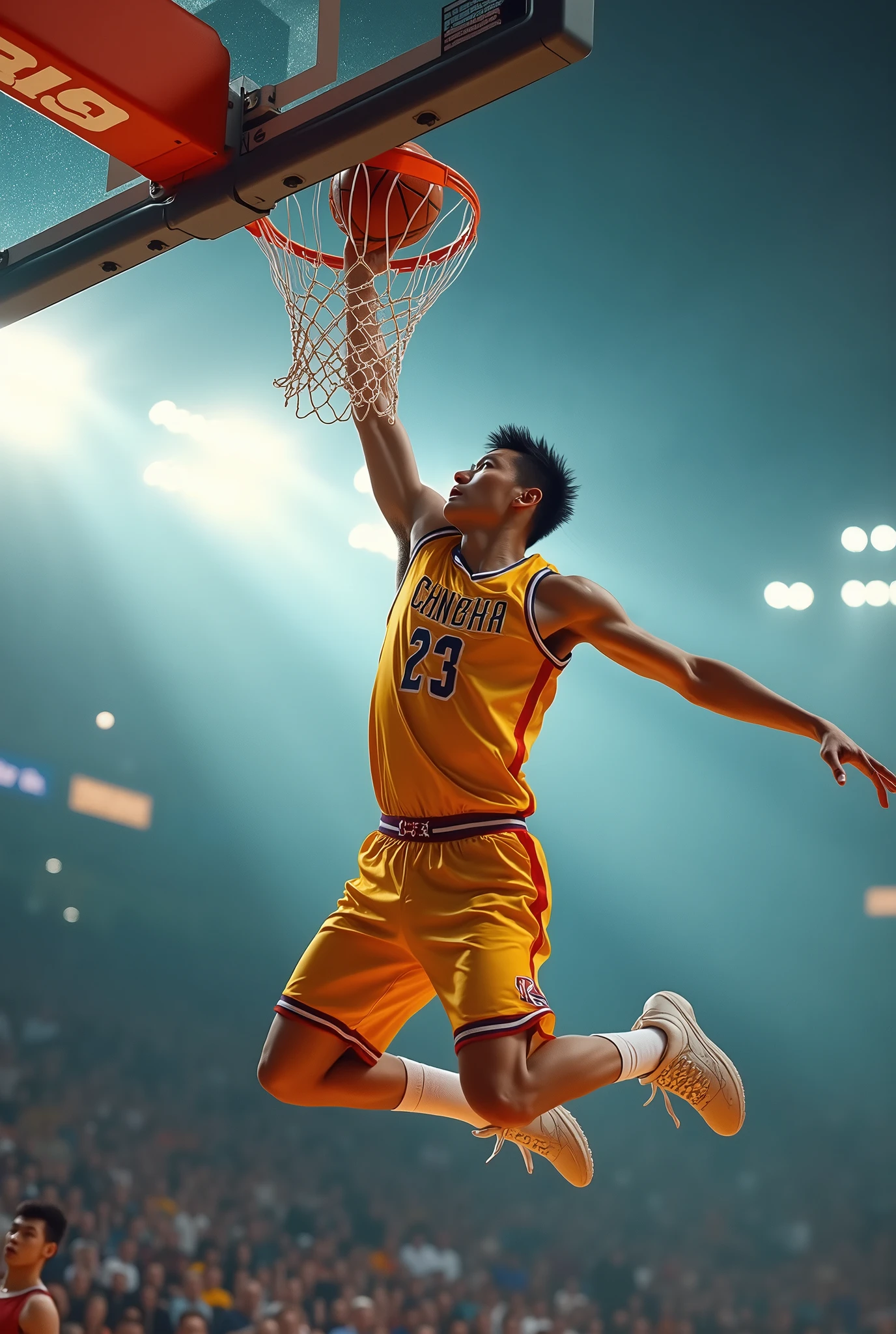 basketball player，Slam Dunk，one-hand，Chinese，3/4 side lenses，Focus，close up，Light-colored uniforms，Bright background，and in an instant，masterpiece，best quality