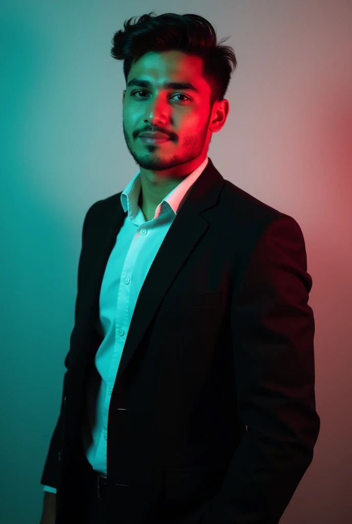  A 
young man wait Dark hair and a confident amil.he is dressed in a black blazer over a white shirt tha msn is positioned against aqua colour backdrop wite asubtle red lighting on the left side. and he posing for linkedin profileLess
