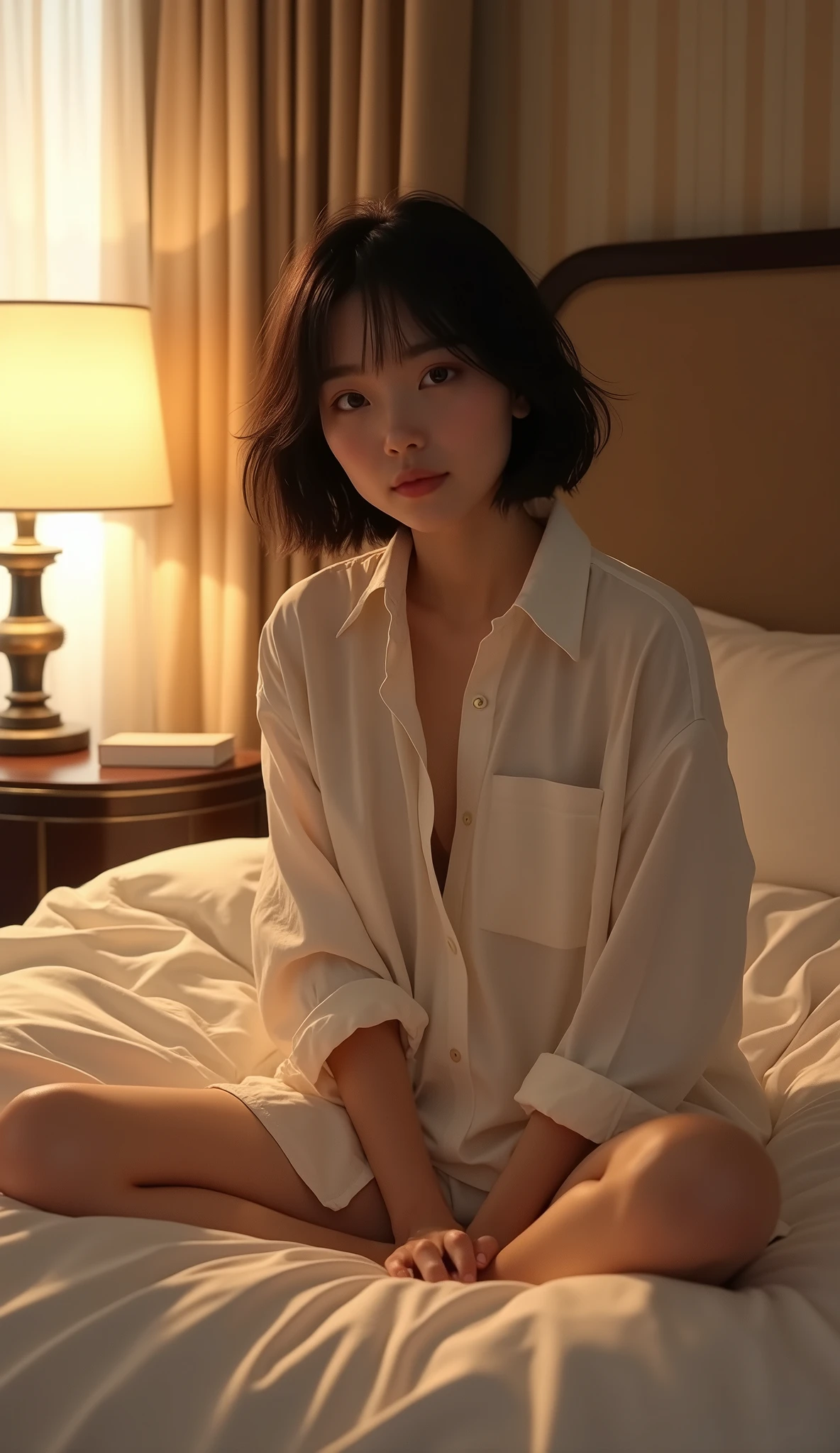 (1girl, Japanese, 4, short black hair, (sitting on bed, legs apart:1.2), luxury city hotel room, (cozy lighting))