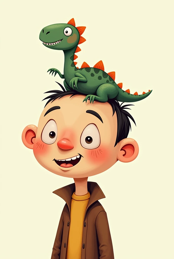 A cartoon man, with a dinosaur on his shoulder