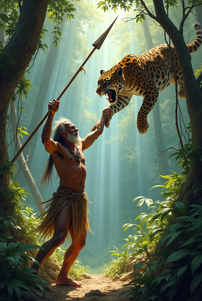 Old Indian throwing an arrow and piercing a jaguar that jumps in a jungle