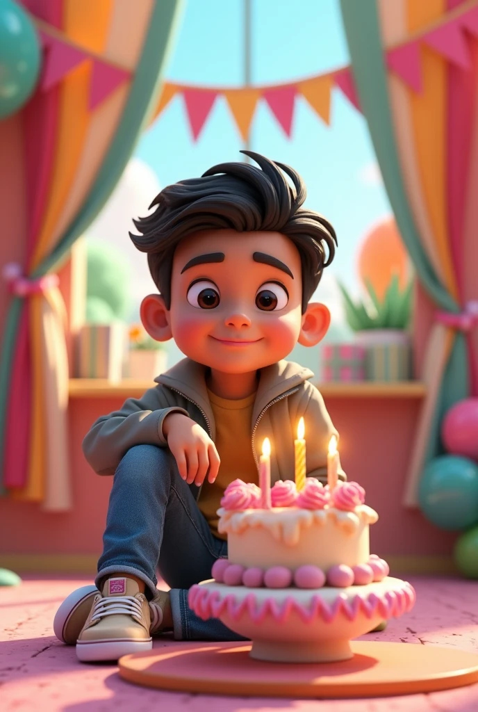 3D illustration of a man
Sitting casually on front of a cake. The character must wear casual moder clothing such as jeans jackets and sneakers shoes. The background of the image is a party theme. Write 'Vinay on the birthday cake Make sure the text is not misspelled. His age is 8