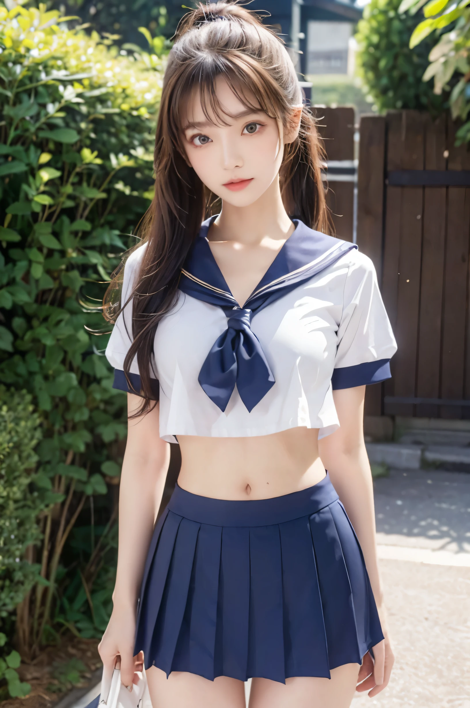 (Ultra HD), (Looking at me), (The whole body is shown), (Short-sleeved sailor uniform, Navy blue low-rise mini skirt), Big Breasts, slender, Narrow waist, (Thin legs:1.2), (Thin thighs:1.2), (Thin Hips:1.4), (Beautiful Skin, Shiny skin, White skin), (Super slim face, Super beautiful face, No makeup, smile:0.6), (ponytail, Layered Cut, Fluffy hair), (double eyelid, Slanted Eyes), Small Nose, Thin lips, Are standing, In front of the school gate