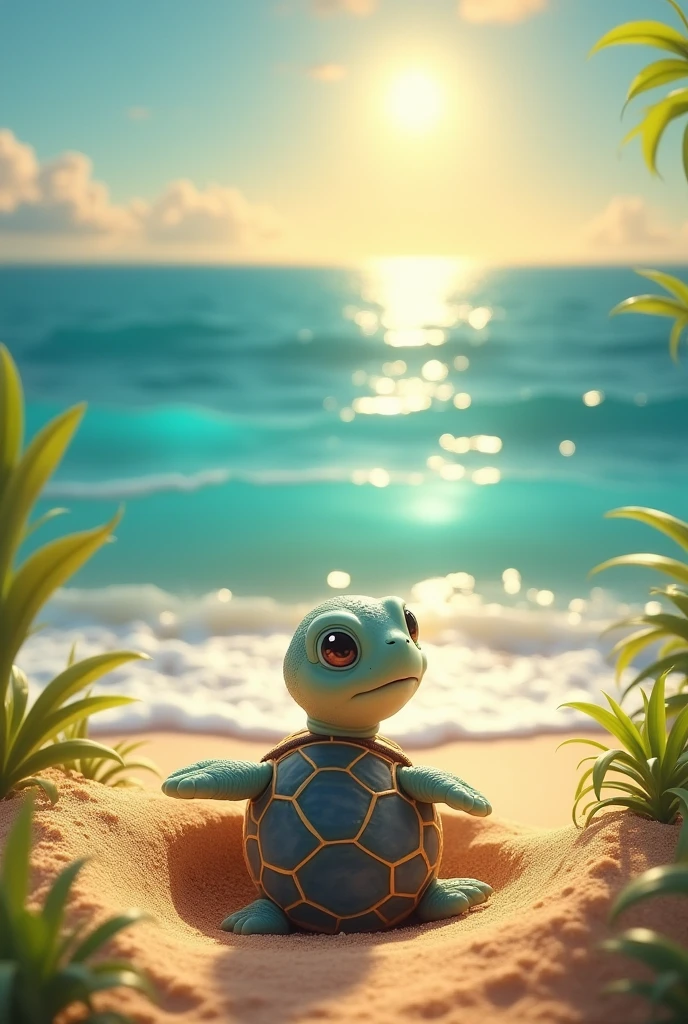 Finally, They arrived at the beach and Tula the turtle saw the sea for the first time..