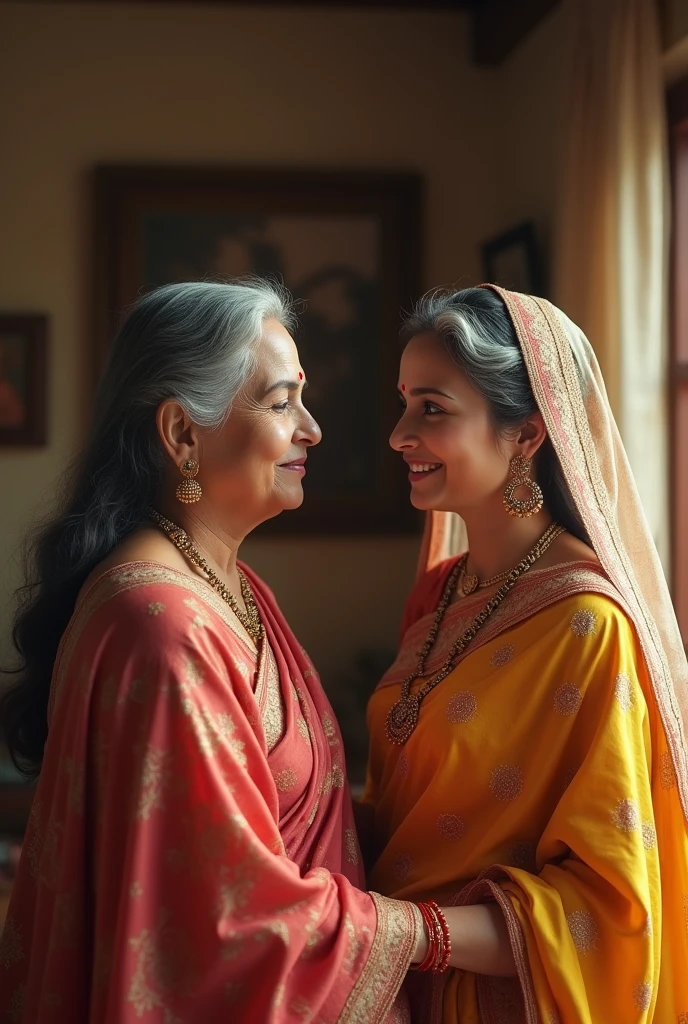 A girl inside the house and her mother-in-law, they were wearing beautiful saree, mother-in-law was old, they were talking face to face, daughter-in-law was wearing veil, daughter-in-law was beautiful looking baby face cutting.