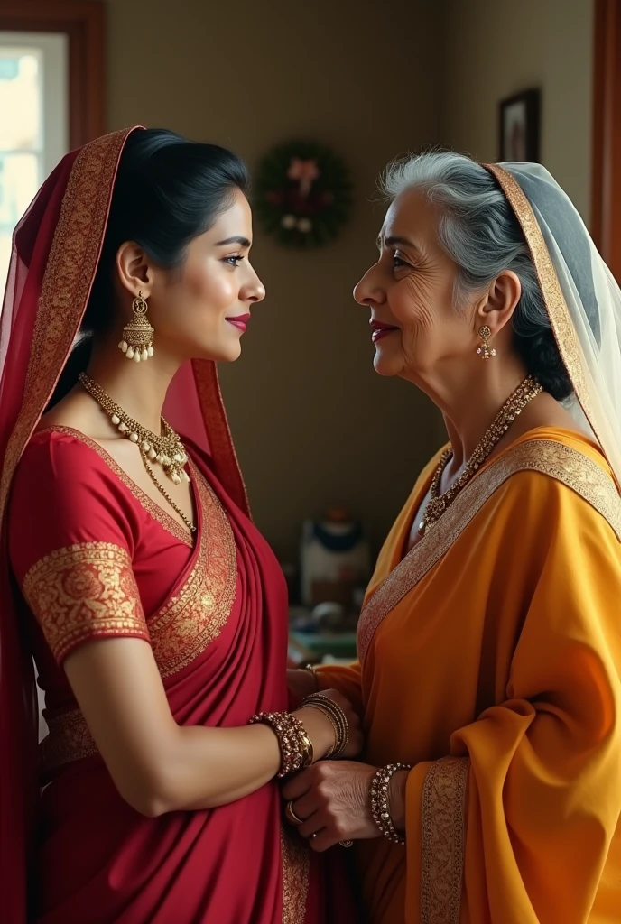 A girl inside the house and her mother-in-law, they were wearing beautiful saree, mother-in-law was old, they were talking face to face, daughter-in-law was wearing veil, daughter-in-law was beautiful looking baby face cutting.