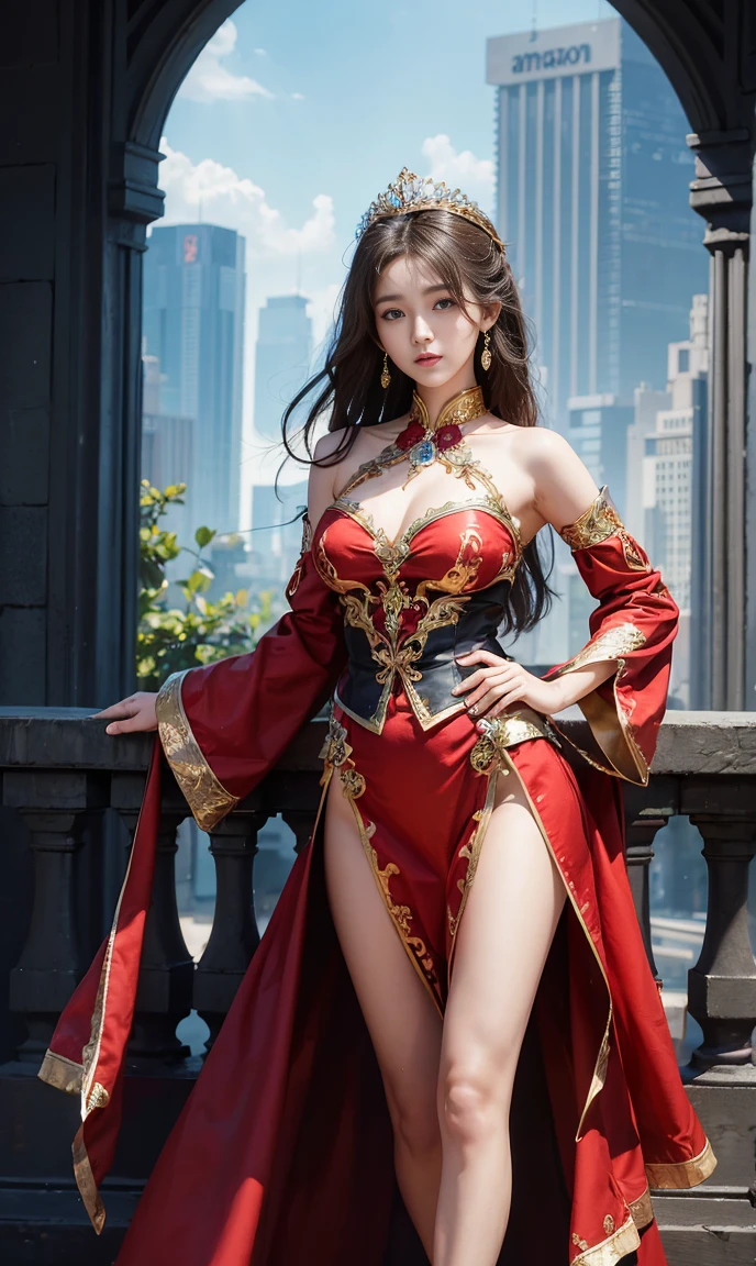 (Highest quality, masterpiece, Ultra-high resolution), whole body、Show your shoulders、Amazon Queen'Transparent dress、professional photography jobs:1.4, Very detailedな肌と顔の質感:1.3, Cultivating lighting effects, Very detailed, Model body type、beautiful girl、Beautiful appearance:0.8 necklaces、Looking at the audience、Eye-catching、 (Delicate face:1,5), (Beautiful Eyes:1.5)、belly button、thigh、Recall、(Shotgun, Beautiful back)、Keep your butt up、Stick your butt out