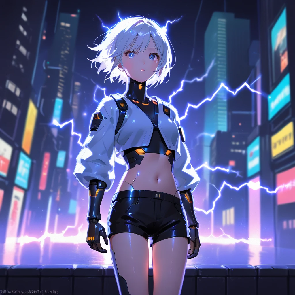 anime girl, pretty, short hair, white hair, crop top, short shorts, futuristic girl, city background with electricity rays