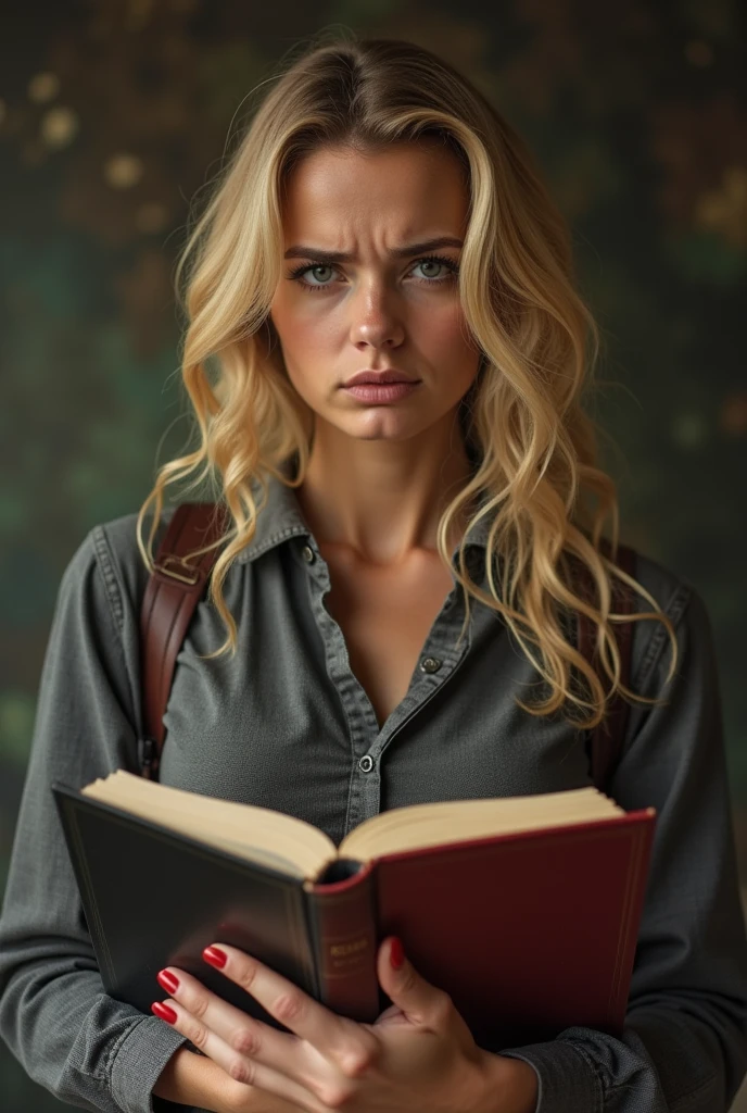 brown woman with blonde hair, in American college clothes, dainty, with an angry look, fearful, with books in your hands