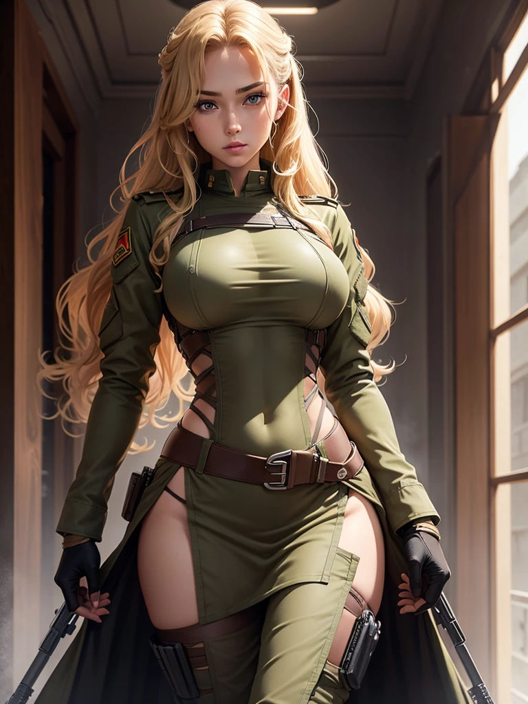 a very attractive slender female soldier, curly blonde hair, brown eyes, large bust, wide hips, wearing a transparent low-cut military outfit,