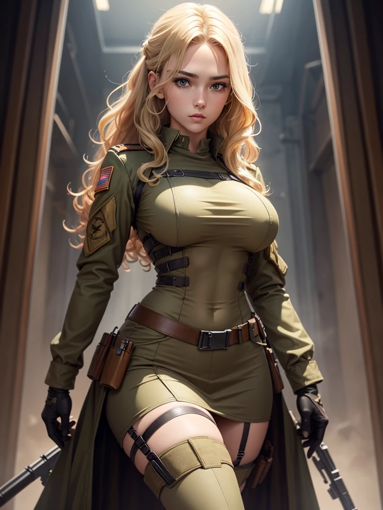 a very attractive slender female soldier, curly blonde hair, brown eyes, large bust, wide hips, wearing a transparent low-cut military outfit,