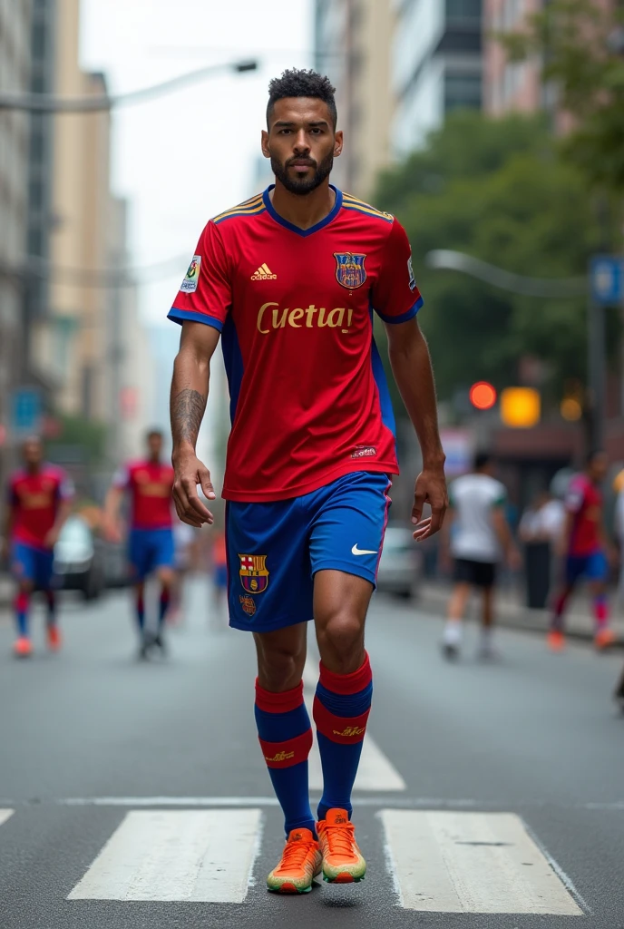 wearing a Flamengo shirt and Barcelona shorts crossing the street