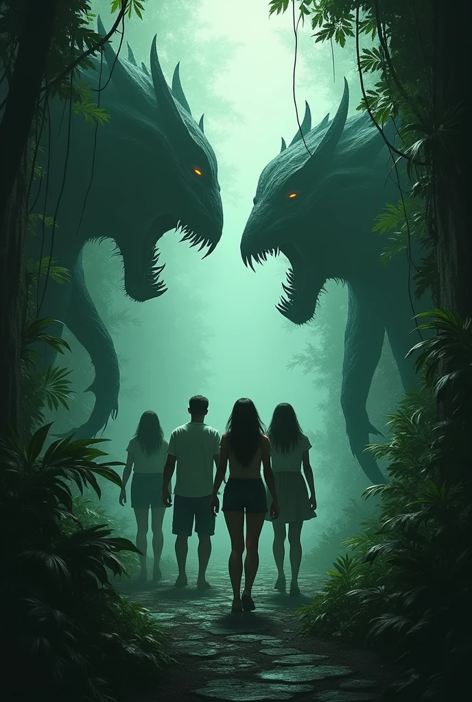 horror、Two men and women standing in a narrow green passage、two monsters