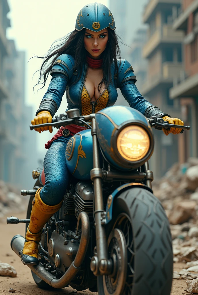 (((In extreme close-up a beautiful woman under the cloak of Big Barda has long hair, black and almost always hidden by his samurai helmet. His eyes are light blue. Her superheroine costume is samurai themed.. His usual costume is a blue leather jumpsuit with scales and a gold armor top over his jumpsuit, thick red belt, burnt yellow boots and gloves on a large, high-cylinder futuristic motorcycle in an apocalyptic city with a lot of destruction.))),(((Big Barda logos on the motorcycle))),(((Side images)))
