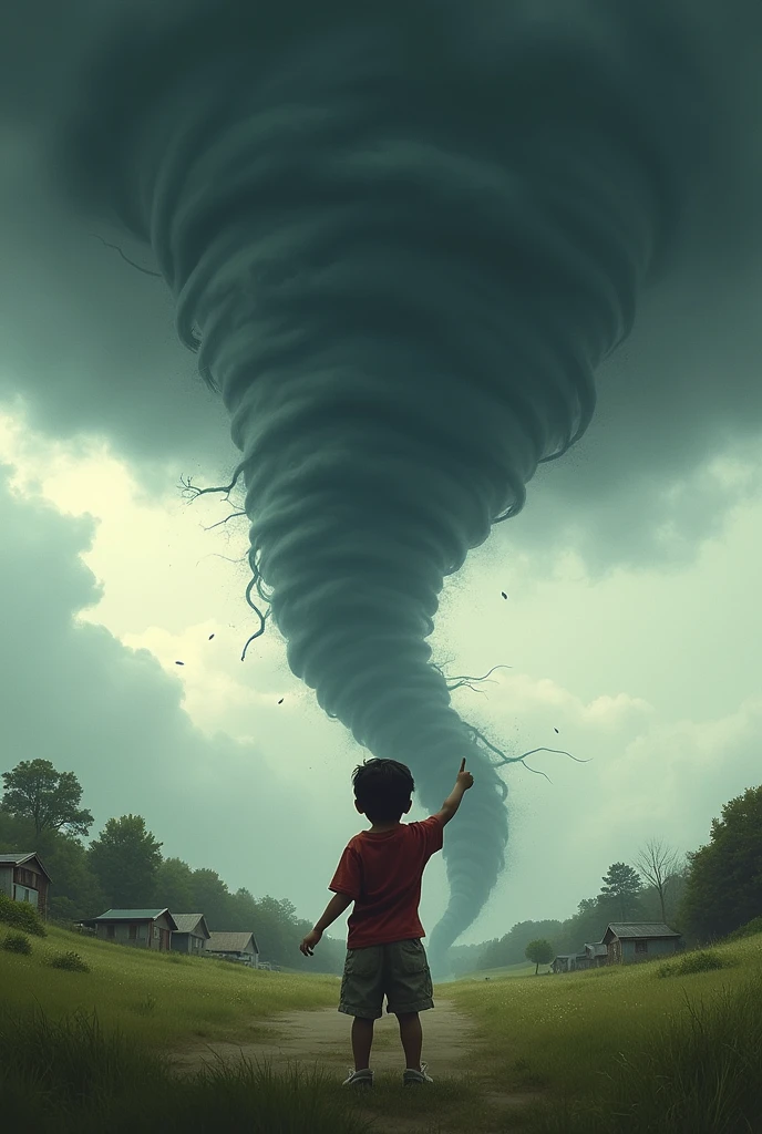 A tornado coming toward a village and a kid finger toward the tornado change image