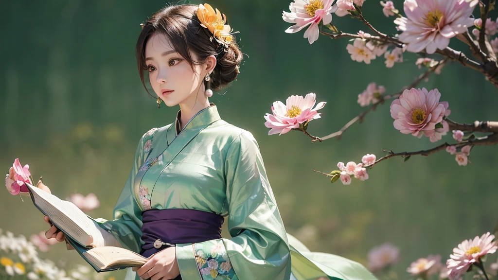 N, 1 personの, (bouquet:1.3), (Tangled:1.2), (幾何学的N:1.2),(colorful),(masterpiece, quality, best quality, Official Art, Beautiful and beautiful:1.2), (1 person:1.3), Very detailed,(colorful:1.1)(Flowers:1.3),最も詳細N,(Tangled:1.2), whole body, (抽象的N背景:1.3), (Skin glows), (Many colors:1.4), ,(Earrings Pearl:1.5), Light green background, It's imaginative., Brunette Hair, Updo, Holding a book, Holding a pen, Satin shirt