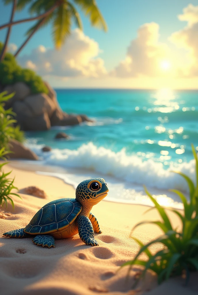 Finally, They arrived at the beach and Tula the turtle saw the sea for the first time..