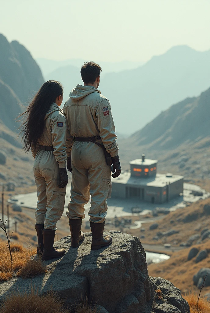 Two scientists, a woman with loose hair and a man in dirty scientific clothes, standing on top of a small mountain overlooking a scientific base in a somewhat deserted place with many wire fences.. With clothing that covers your entire body