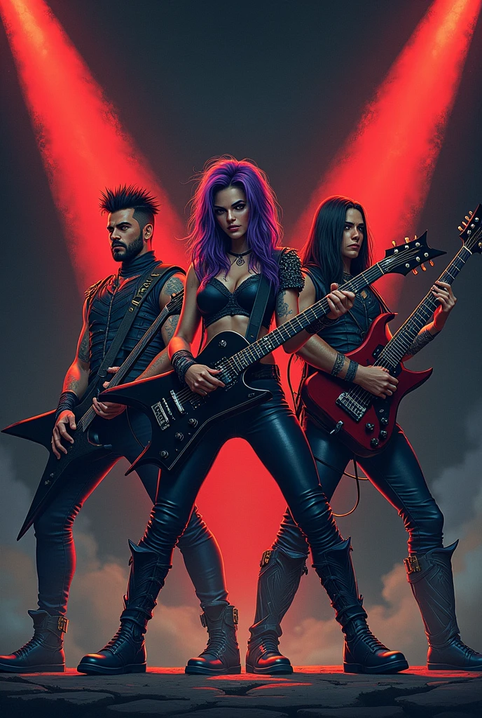 Illustration for a poster to promote a heavy metal concert, with two black-haired warriors and a purple-haired female warrior, segurando guitarras, in the dimensions used for Instagram posts, with the event title The Alliance of Metal in the middle of the poster