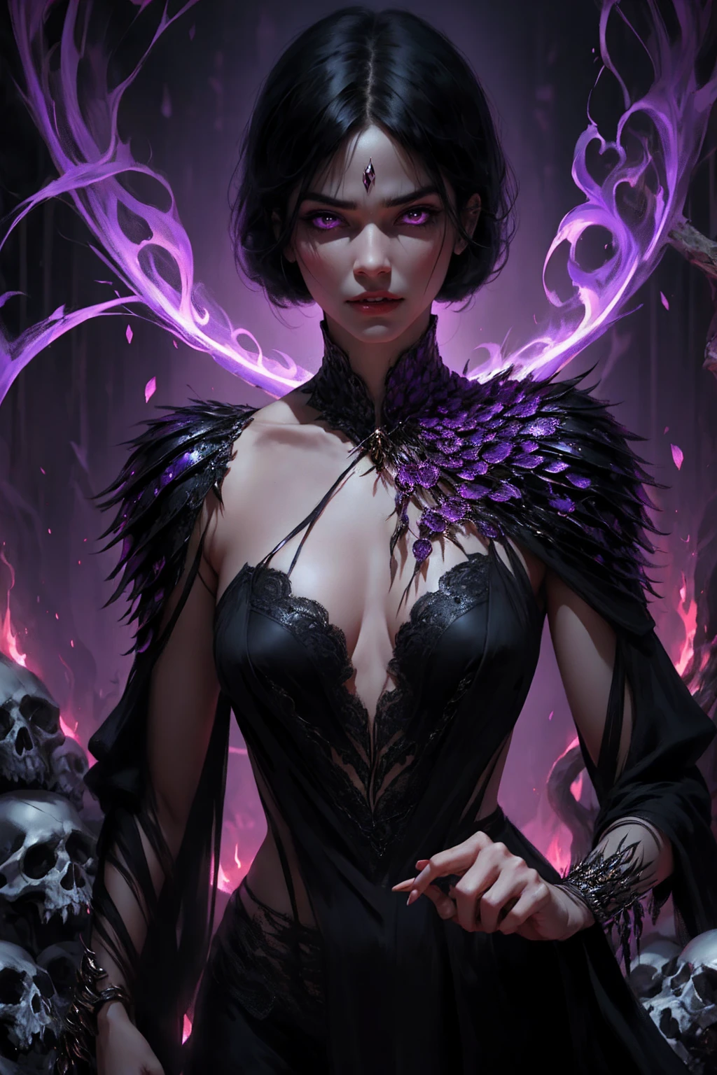 {-erro_de_anatomia:1.0} woman 30 years old, witchcraft, magician,magic clothes, where poison potions and vines abound, a woman (ruthless), short black hair (black hair), (bangs), (purple eyes), looks at you amidst a pile of bones and skulls. Indifferent look , merciless. among the skulls, dancing witk a demon, Angry face, dinamic poses, egoist smile,