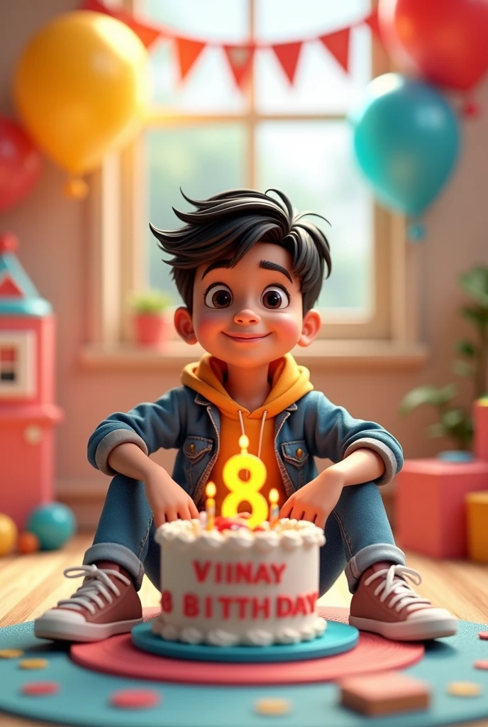 3D illustration of a man 
Sitting casually on front of a cake. The character must wear casual moder clothing such as jeans jackets and sneakers shoes. The background of the image is a party theme. Write 'Vinay on the birthday cake Make sure the text is not misspelled. His age is 8
