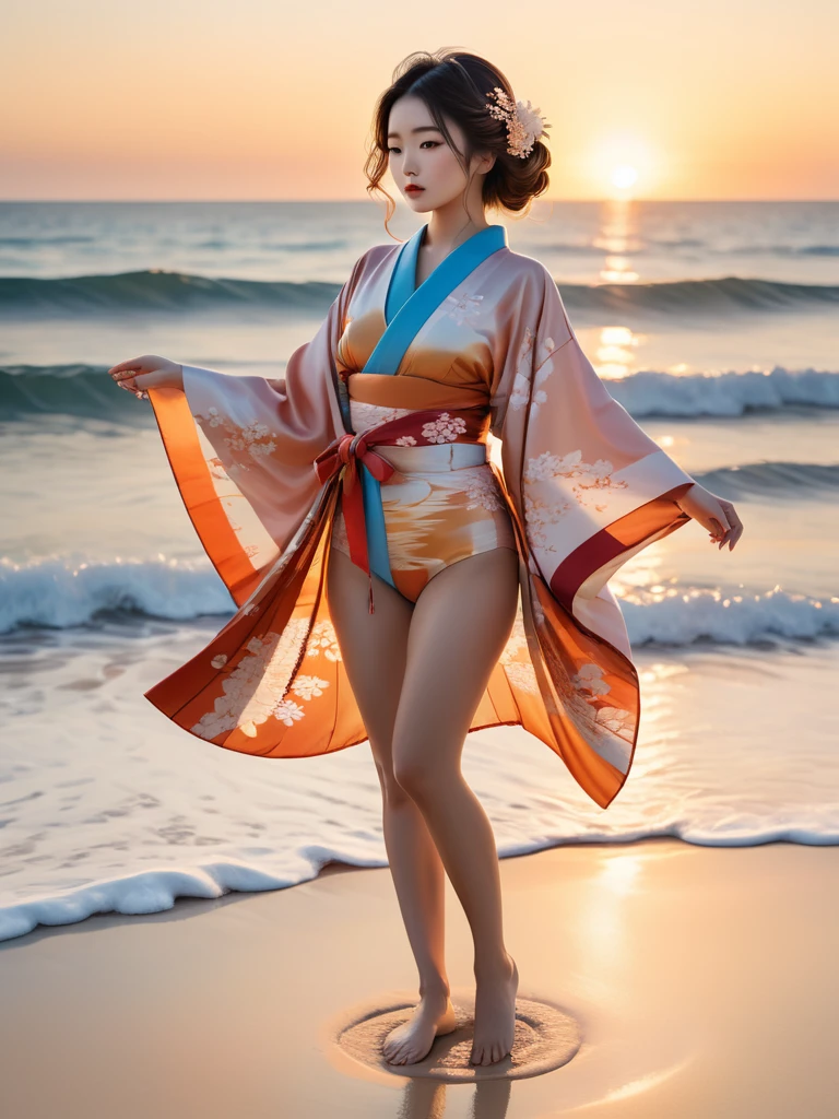 A cute, inventor-like girl stands on a serene beach at sunset, wearing a traditional Japanese kimono over a modern swimsuit. Her kimono is partially open, blending the elegance of Japanese culture with contemporary beachwear. The warm hues of the sunset reflect on the ocean as her hair flows in the breeze, creating a harmonious scene of tradition and modernity.