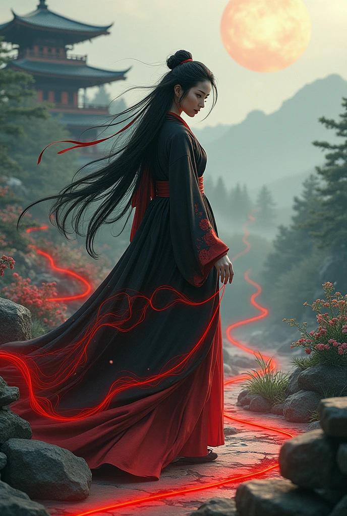 Japanese sorceress following the red thread of destiny in the year 1800