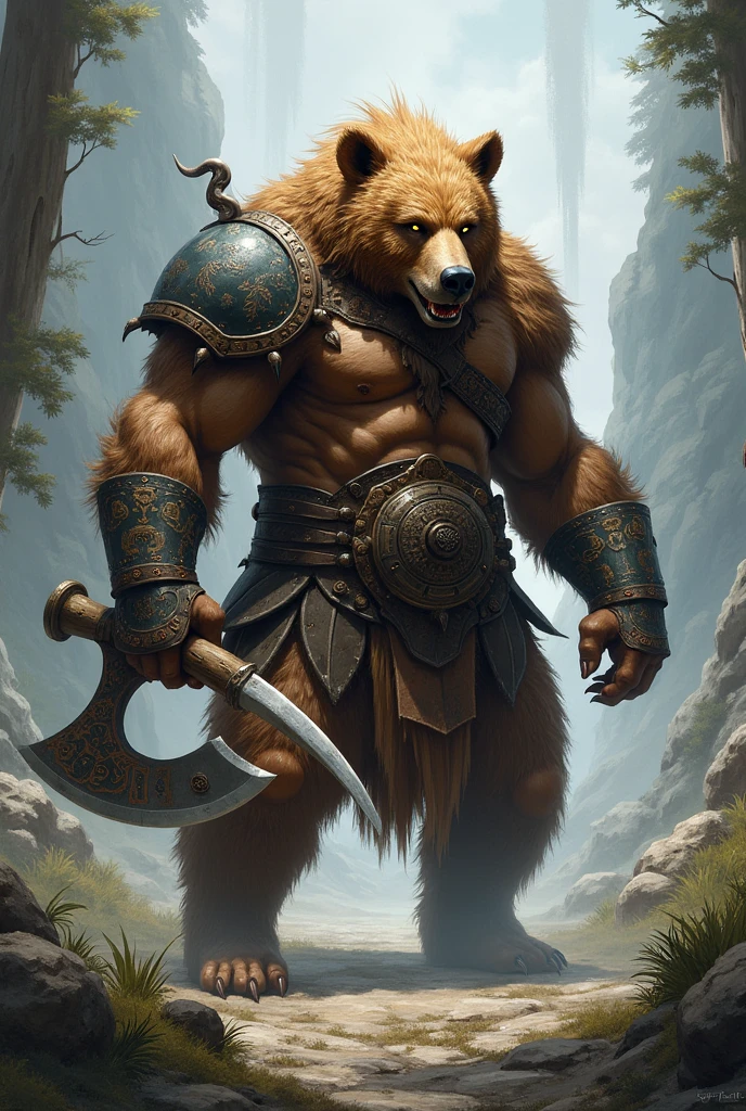 A warrior with the head of a bear with axe