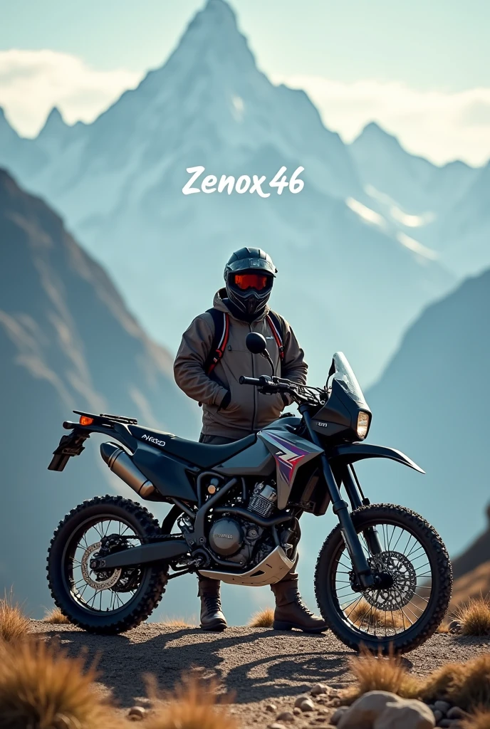 A rider standing with his hero xpulse 4v bike in front of mountains and written zenox_46 on the sky