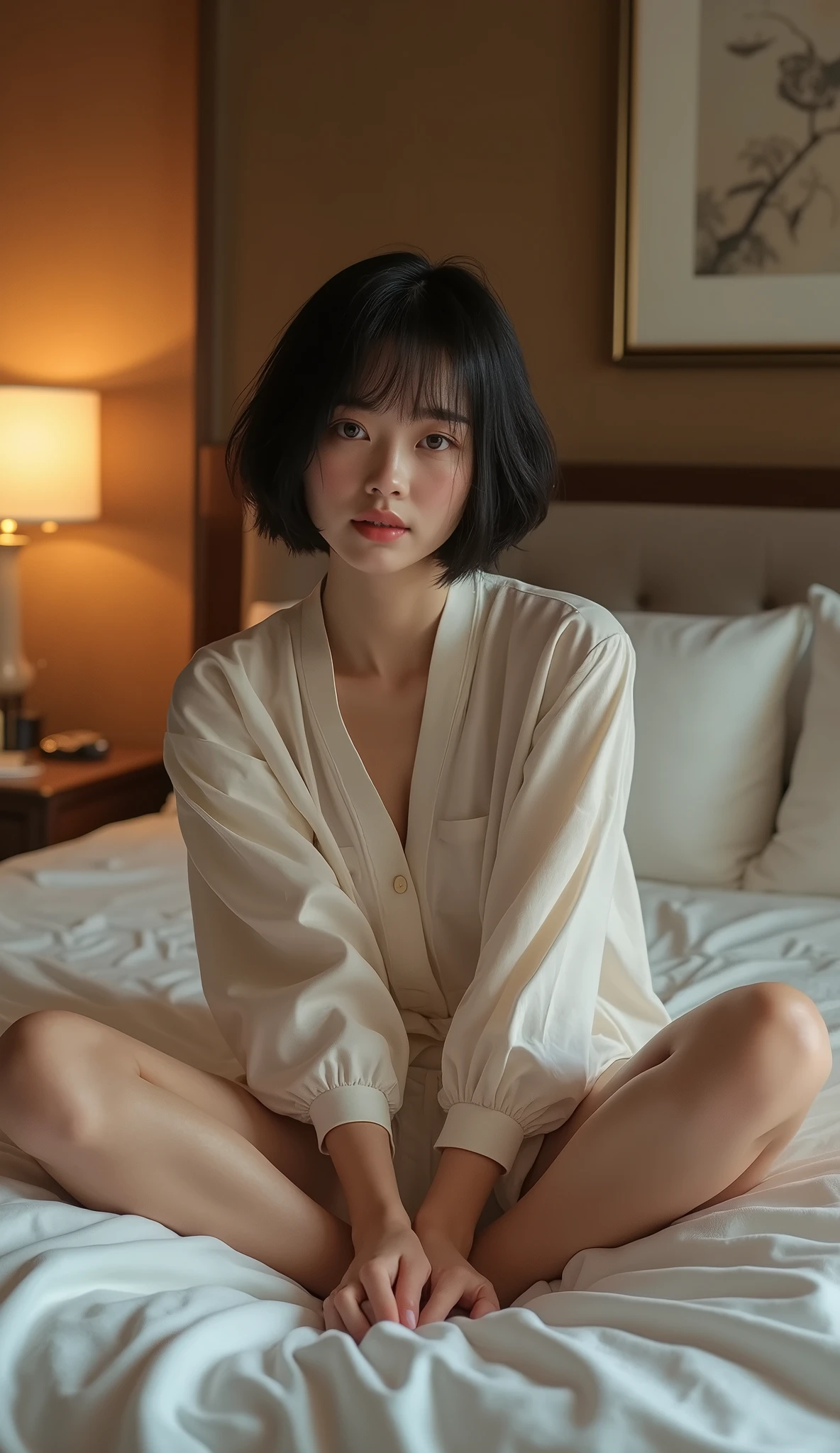 (masterpiece, 1girl, Japanese, 4, short black hair, (sitting on bed, legs open:1.3), luxury hotel room, soft lighting)
