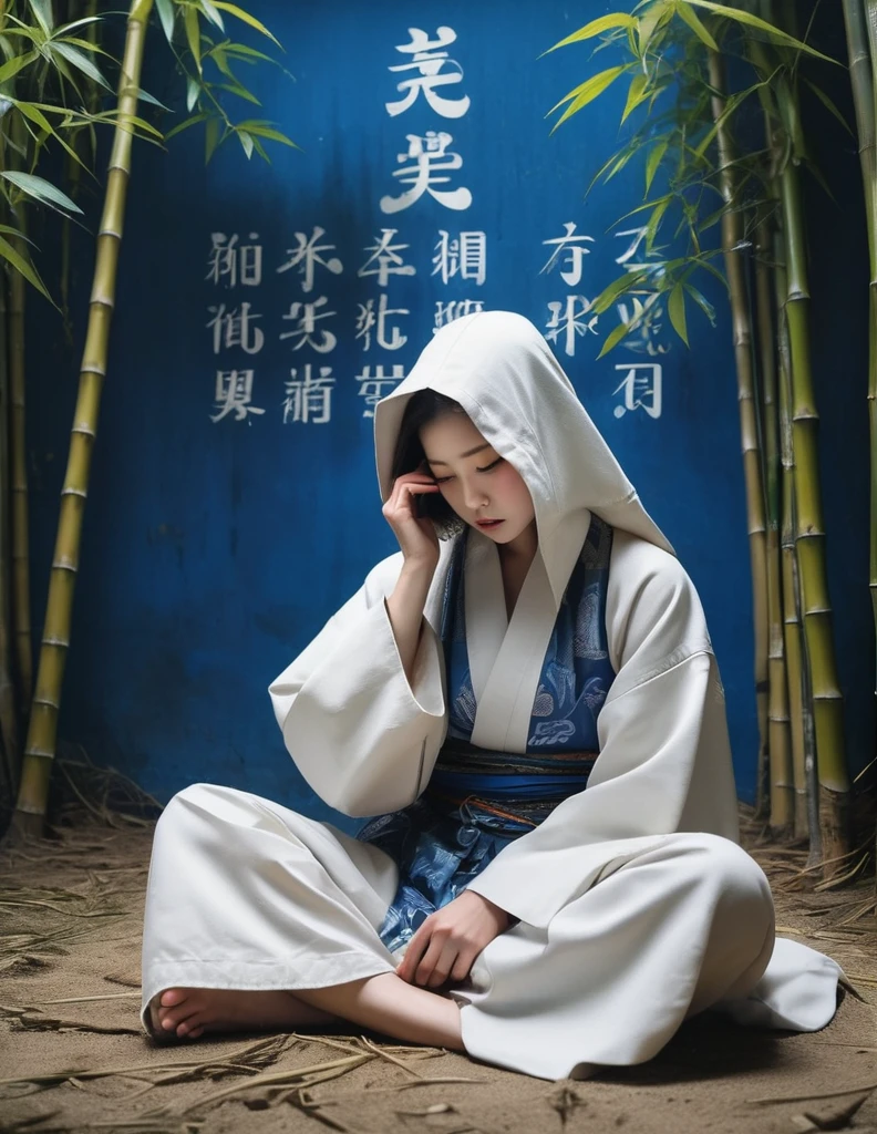 grbtw art style, Surreal, Anxious, Realistic, High resolution, beautiful, Highest quality, masterpiece, Very detailed 、She is sitting on the ground in front of a bamboo tree, holding her head and crying, with Japanese style typography and calligraphy in blue tones in the background.