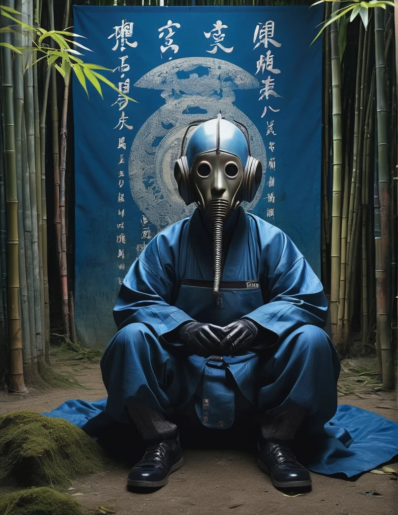 grbtw art style, Surreal, Anxious, Realistic, High resolution, beautiful, Highest quality, masterpiece, Very detailed 、She is sitting on the ground in front of a bamboo tree, holding her head and crying, with Japanese style typography and calligraphy in blue tones in the background.