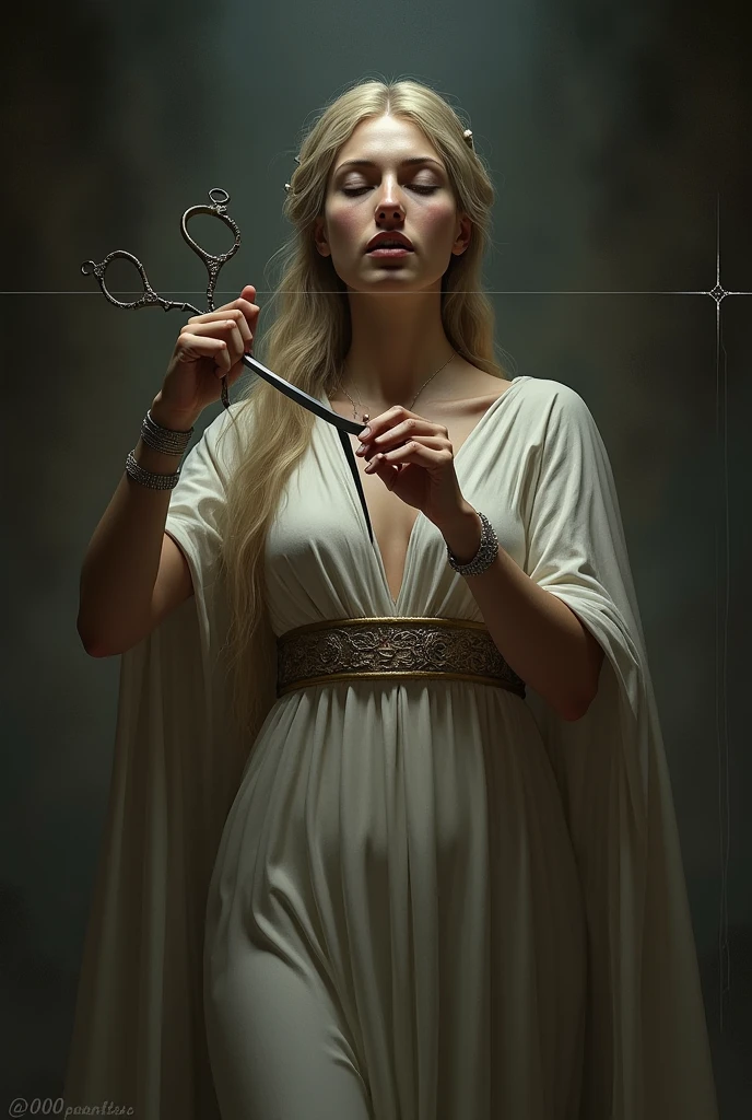 Atropos (Greek God) cutting a thread (using scissors) she's holding 