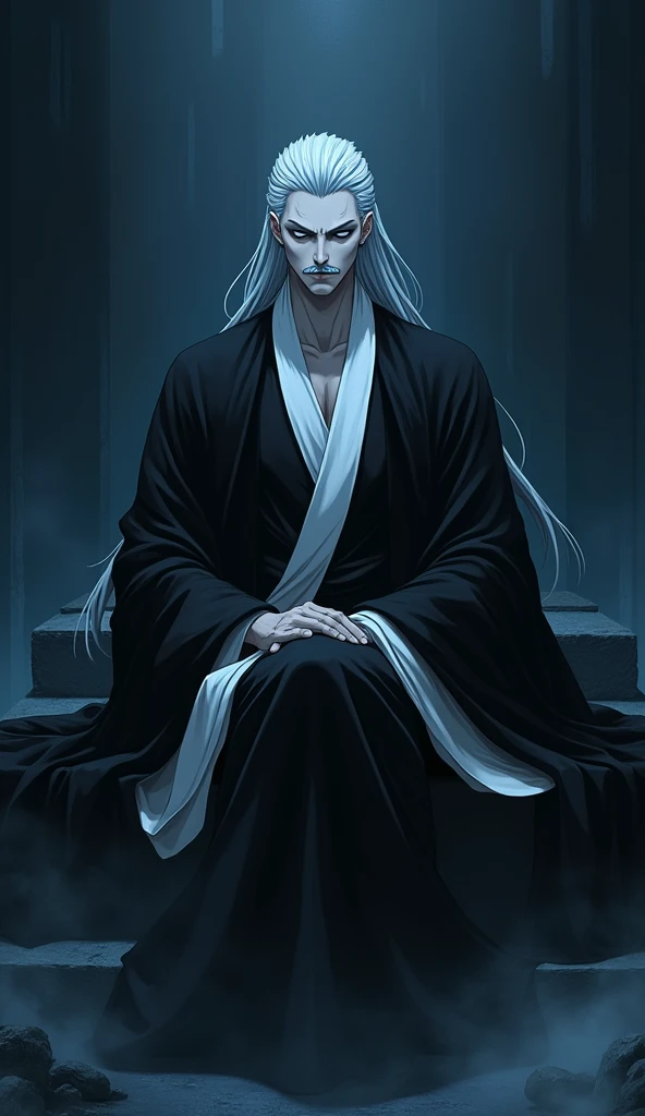 Draw a man with pure devine pale pale skin. His eyes look like a normal person's eyes but they don't have irises, so the irises are pitch black. His hair is a wolfcut style with long hair, but the back of his hair only reaches his shoulders. His outfit is a black and white robe. He has a moustache like Yhwach's but it's a bit shorter than Yhwach. His expression is like the smile of the character Johan Liebert from the monster anime. Don't forget the graphics are like Bleach TYBW. The background is sitting on an altar with dark shades and dark blue colour.