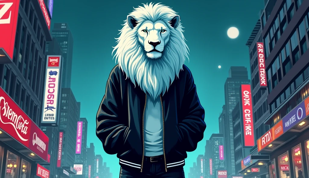 white lion with aquamarine mane, with aquamarine green eyes, semi thin black eyebrows, cartoon style, full body, Standing in a black jacket and black pants that looks rapper style with an urban background accompanied by various advertising at night