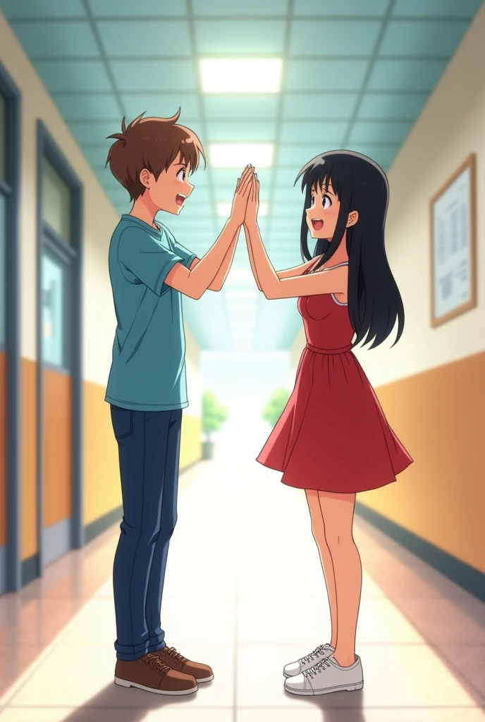 Quiero me generes la siguiente imagen en tamaño horizontal: A boy with short brown hair, wearing a blue T-shirt and jeans, and a girl with long black hair, dressed in a red dress and white shoes, are standing in a school hallway. They are both smiling widely and giving each other a high-five, celebrating their success after passing an exam. The hallway is bright with natural light, and the mood is joyful and triumphant. (Anime style and they are agers)