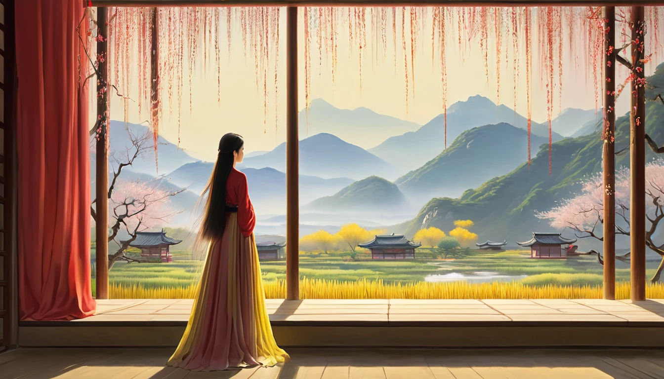The painting style is quiet、The lighting is yellow. Home々A distant mountain々Surrounded by, The willows in the courtyard are swaying in the wind. Several layers of pale red curtains、It adds a slightly mystical atmosphere to the deep landscape.。, The woman is alone, Her long hair is scattered freely, And then her figure looms, With a faint smile.