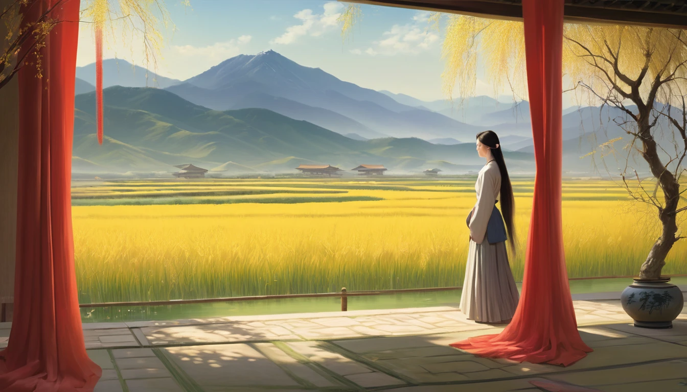 The painting style is quiet、The lighting is yellow. Home々A distant mountain々Surrounded by, The willows in the courtyard are swaying in the wind. Several layers of pale red curtains、It adds a slightly mystical atmosphere to the deep landscape.。, The woman is alone, Her long hair is scattered freely, And then her figure looms, With a faint smile.