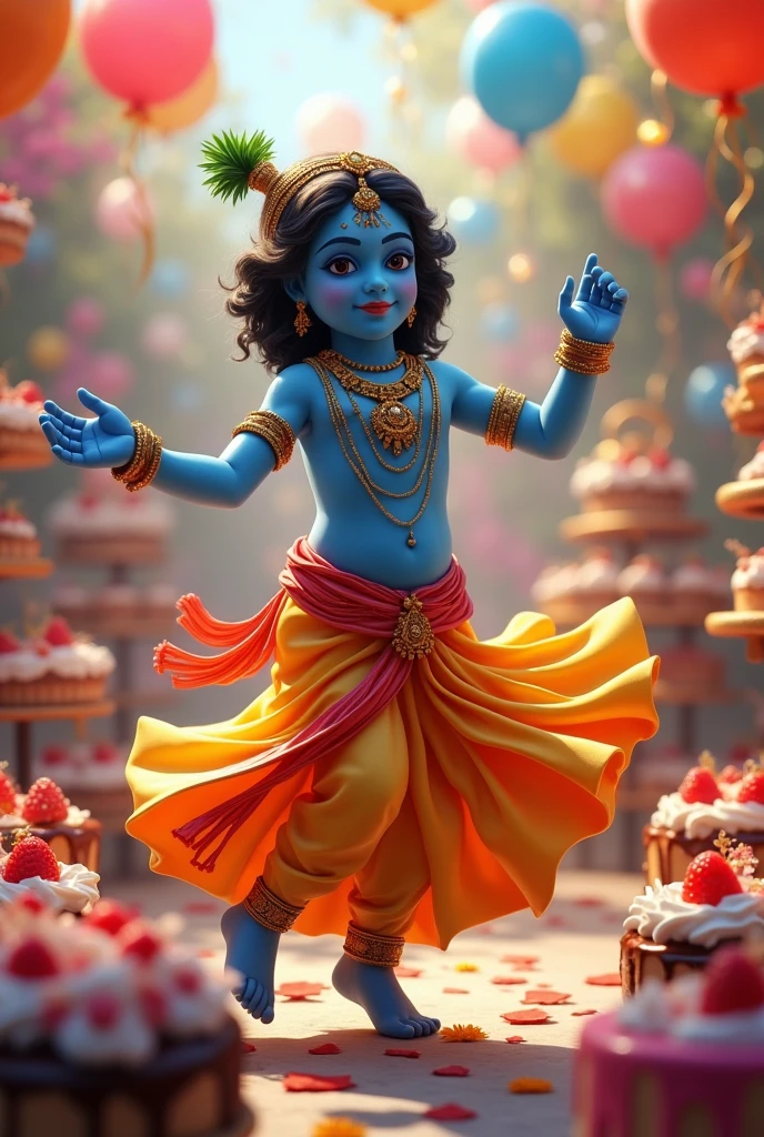 Krishna dancing in a dress at a balloon party with cakes