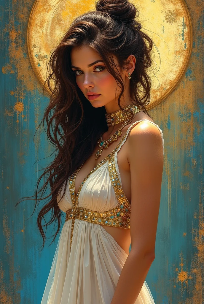 A captivating abstract painting of a egyptian woman, capturing her ethereal essence. Her long, brunette hair is styled in a mesmerizing updo, falling in loose waves around her face. She dons a sheer, flowing white dress adorned with intricate details that shimmer in the light, catching the viewer's eye, the transparent of the dress show the curves of her body, specially her breasts. Her face, illuminated by a soft, warm glow, exudes a dreamy, enigmatic aura. The vibrant, abstract background, a blend of daring colors and shapes, showcases the artist's distinctive and imaginative style, creating a captivating and otherworldly atmosphere., painting, illustration
