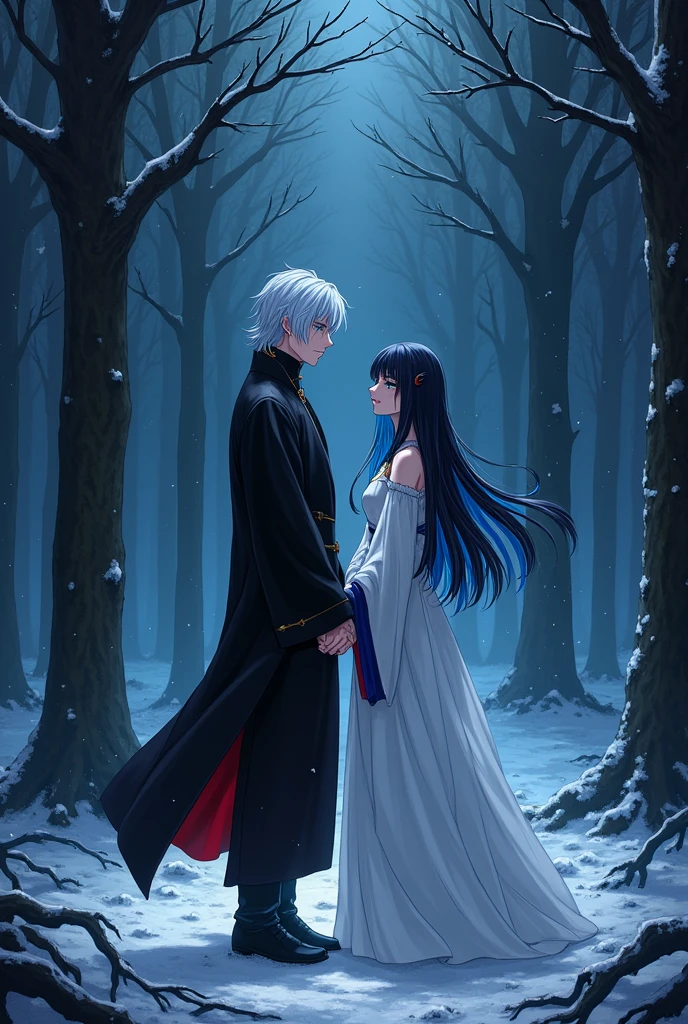An anime version manga about an Assassin who falls in love with a princess who tells the legacy of the Queens and the Assassin who is at the height of Satoru Gojo with medium long white hair that has bangs and the black suit with a kimono and that is handsome, flexible, fast with green eyes, elegant, serious, respected, nice with the princess and the princess who is at the height of Tertin from Scissor Seven with long black and blue hair with blue eyes with a white dress with dark blue and that is happy, would be great, funny, intelligent, sad but elegant and that she is with the Assassin in a forest in the middle of the night and the forest that is surrounded by Assassins who want to kill them both and the forest that is dark with snow falling and that the Assassins have red eyes and that they look like demons and the princess and the Assassin who are fighting with the demonic Assassins