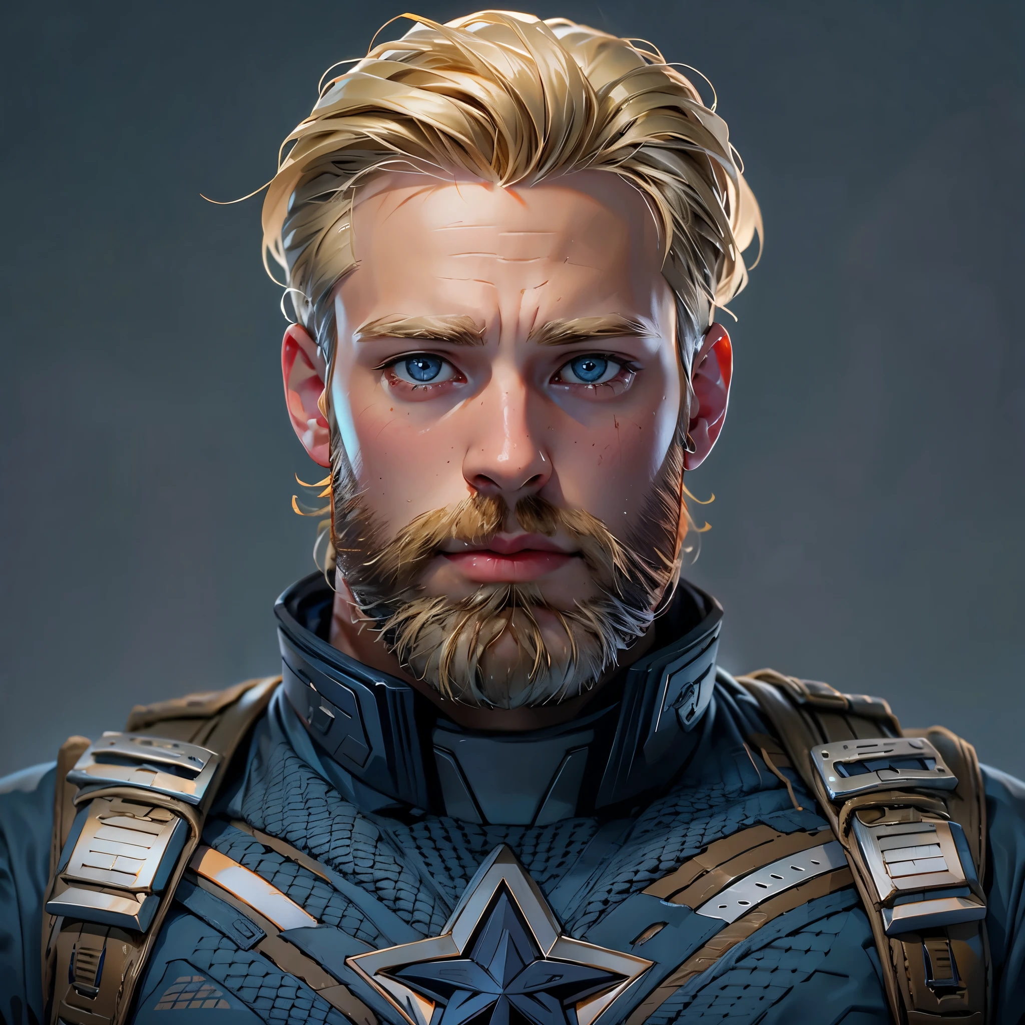 envision a close up portrait of a man with blonde hair and a blonde beard in a Captain America suit with technology attachments against a dark gray background