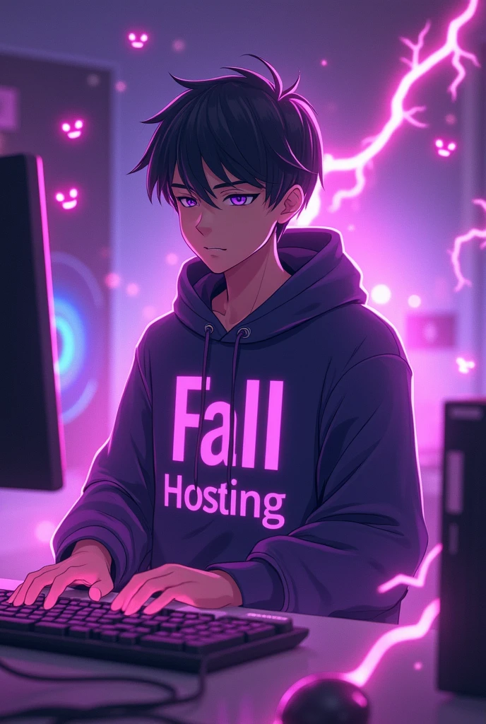 3d a male anime background purple aura lightning Youtuber wearing a hoodie in front of him there is a computer for playing games as a gamer and the youtuber hoodie says FALL HOSTING there is a severe 3d hd lightning aura👹👺👺👺🔥🔥🔥