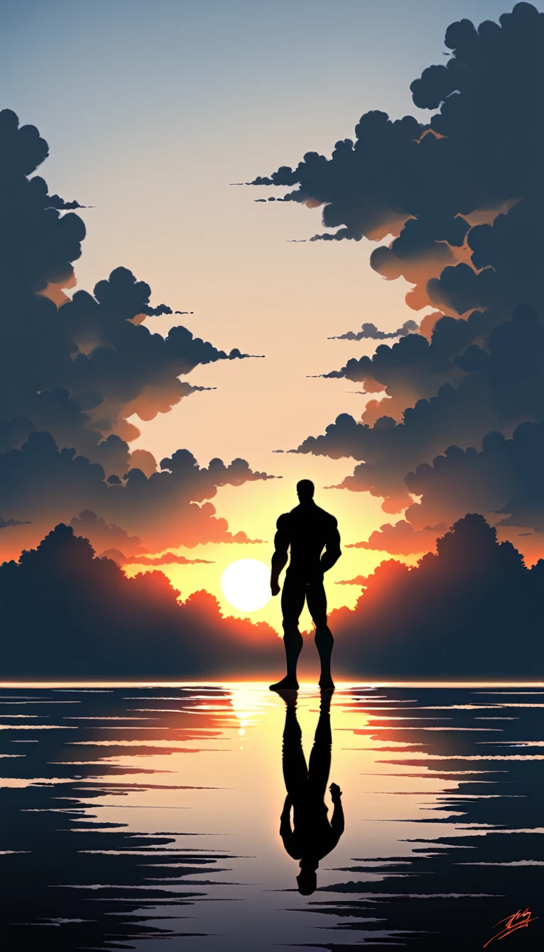 A Strong Buddhist muscular man stands in the smoke, Black jumpsuit, Very tight, Silhouette effect, Tall muscular man, Priapus, Dark Black, Dark black skin, Buzz Cut, His muscles are very developed, Very tall, short hair, Blend into the smoke, Lake, Reflection, Sunset, Sunset, Man silhouette, Chinese, black and white, Simple style