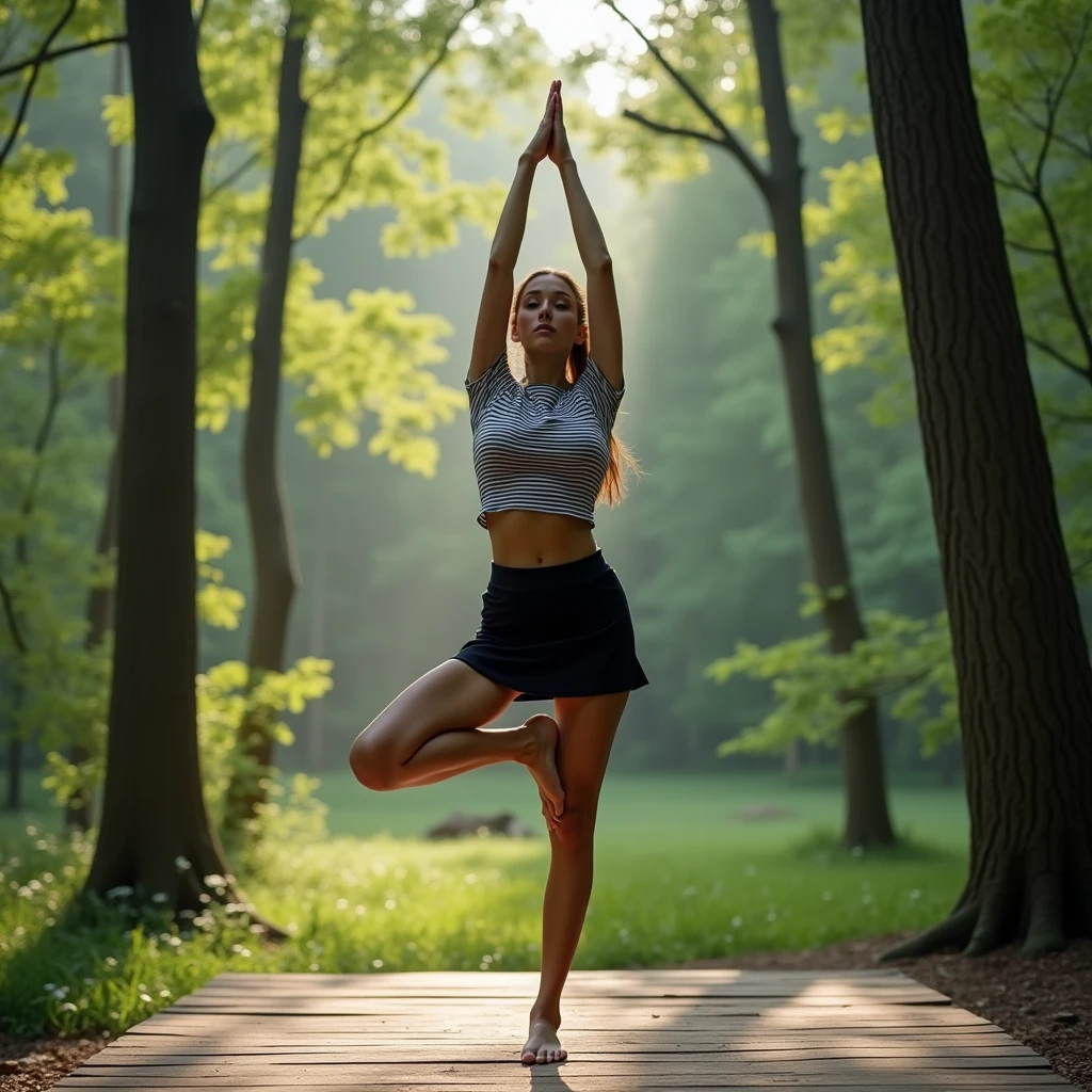 A photo of a 30-year-old woman doing yoga. She is wearing a black and white striped shirt and a black skirt. She is doing a yoga pose with one leg raised high in the air while the other leg is on the ground. She is standing on a wooden surface. The background is a serene forest with tall trees.
