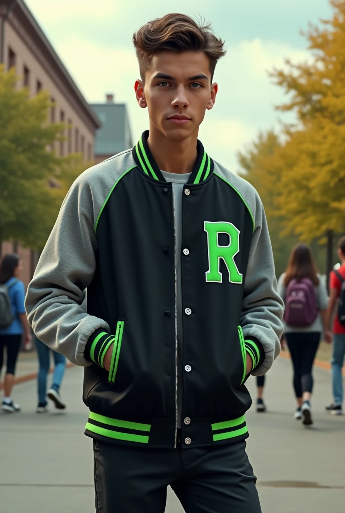 Varsity jacket with black-gray colors and green touches for a school 
